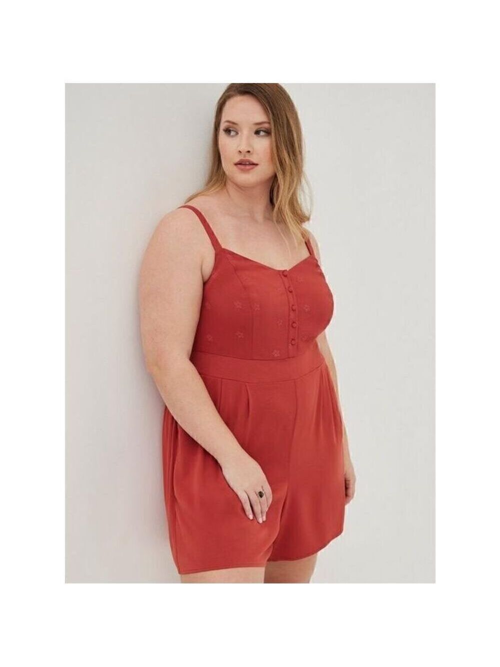 Torrid V-Neck Romper - Eyelet Stretch Challis Rust (Size 1)